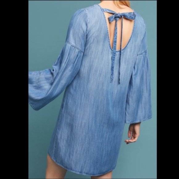 Anthropologie Cloth & Stone Bell Sleeve Tunic Dress Chambray Denim Blue 8 M Mini - Picture 3 of 6